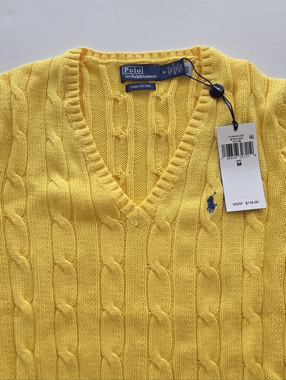 $148 Lauren Ralph Lauren Yellow Cable Knit V-Neck Sweater Size M - Picture 5 of 8